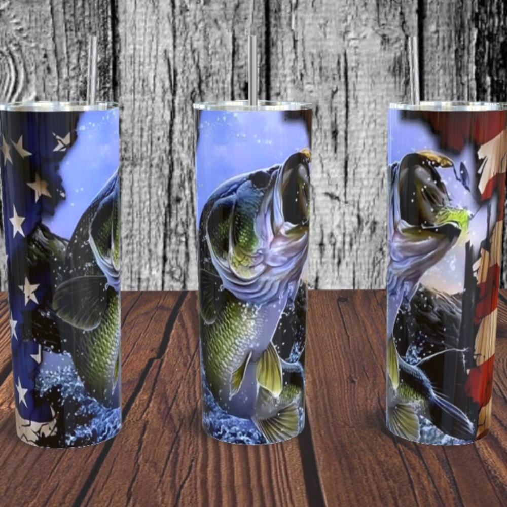 Bass Fishing with American Flag 20 oz Skinny Tumbler
